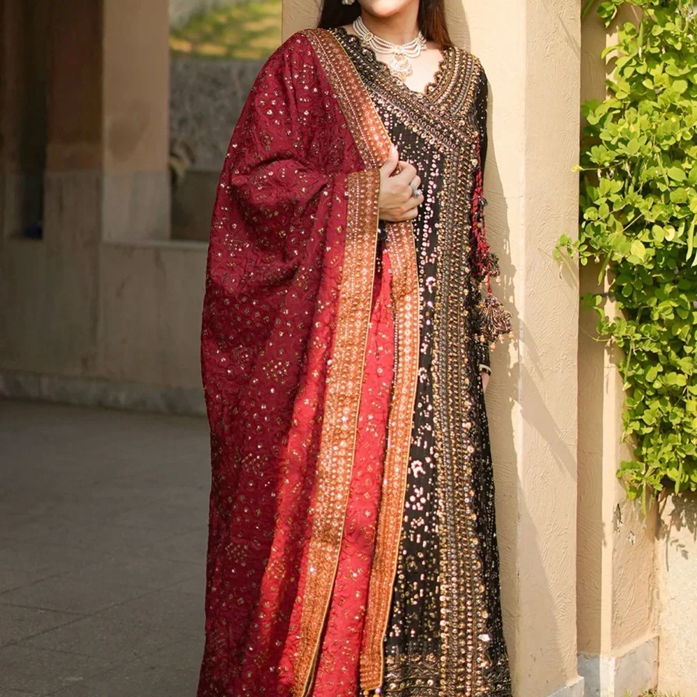 Three Piece Angrakha Style Long Pakistani Dress. New - Picture 3 of 12